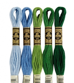Five skeins of DMC stranded embroidery floss.
