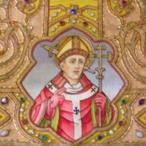 Embroidered representation of Thomas Beckett, on one of the liturgical vestments on display at the exhibition Treasures from the Cope Chest, Lancaster Cathedral, 2011.