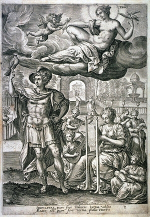 Etching by Maerten de Vos (c. 1534-1603), from series The Seven Ages  of Man.