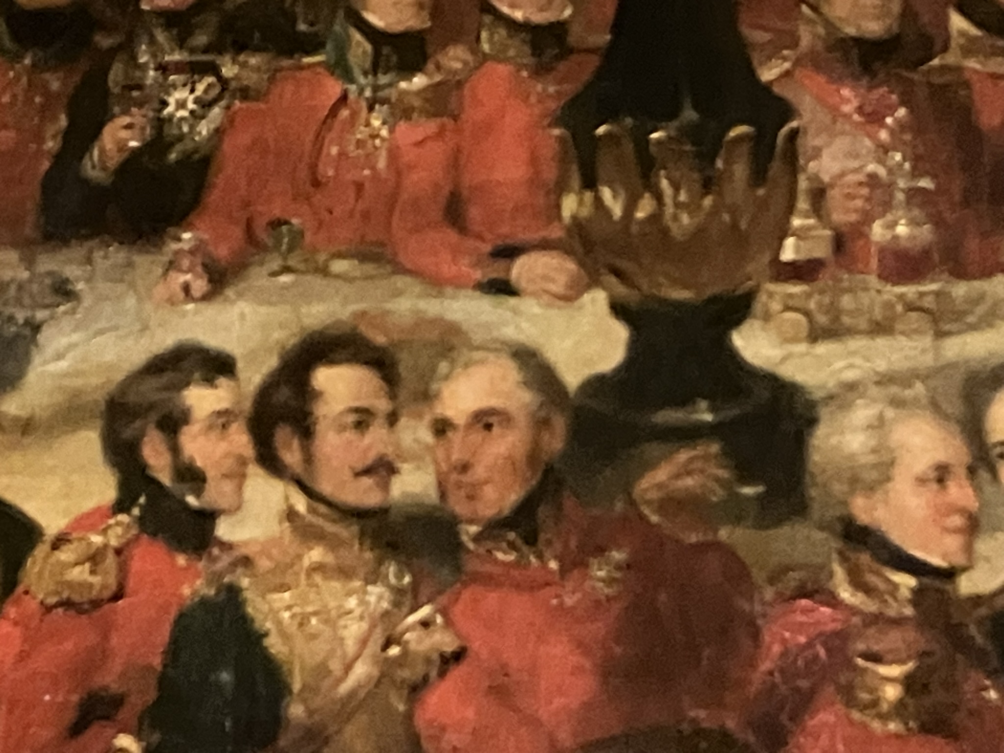 Sir William Elphinstone, centre, in red jacket. Detail of a large painting of state banquet at Apsley House.