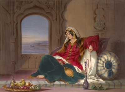 &ldquo;Kandahar Lady of Rank, Engaged in Smoking&rdquo;. Plate 29 of 'Afghaunistan' by Lieutenant James Rattray, 1847/8.