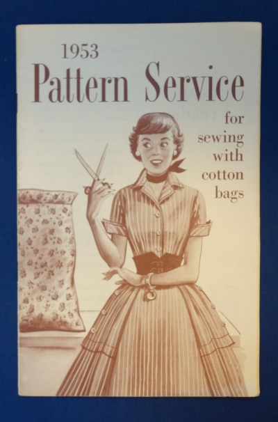Booklet entitled "1953 Pattern Service for sewing with cotton bags" produced by Simplicity Patterns.