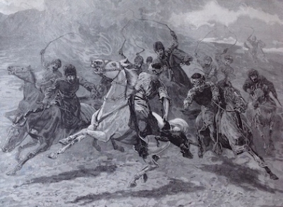 "Herati horsemen playing the 'Baz Gadeh Bazi' or goat-neck game. Scenery and life in Afghanistan," from sketches by Sir Edward Durand.  The Graphic, 23 September 1893, p. 377.