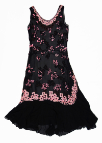 A woman&#039;s sleeveless dress in black chiffon decorated with abstract organic shapes in pink and black sequins and beads. The Netherlands, 1920s.