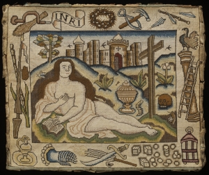Mary Magdalene, surrounded by instruments of the Passion. Embroidered picture, England, 17th century.