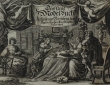Frontispiece of Paulus F&uuml;rst's embroidery model book, with five women in a domestic scene with two men spying upon them.