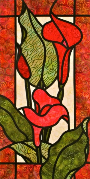 Stained glass patchwork design &#039;Colourful Callas&#039; by Jan Blanchet,  Arbee Designs.
