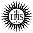 A Christogram with the letters IHS plus a cross and nails, enclosed in a sun burst.