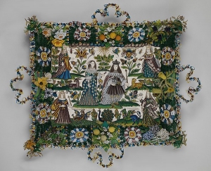 Panel showing King Charles II and Queen Catherine of Braganza with allegories of the four continents. England, after 1662.
