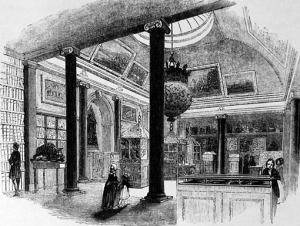 Engraving from &#039;London&#039;, by Charles Knight, showing the India Museum in East India House, Leadenhall Street, in 1843. To the left is Tipu Sultan&#039;s men-eating tiger automaton.