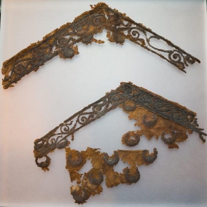 Upper part of two boots or stockings, opus anglicanum, Archbishop&rsquo;s Palace Museum, at the Nidaros Cathedral, Trondheim, Norway.