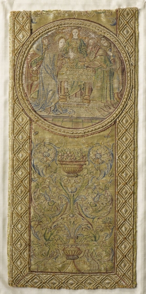 Fragment of an orphrey in &#039;or nué&#039; work, The Netherlands, showing the Presentation of Jesus at the Temple, c. AD 1550.
