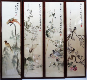 Chinese screen with Suzhou embroidery. on four screens, representing the four seasons.