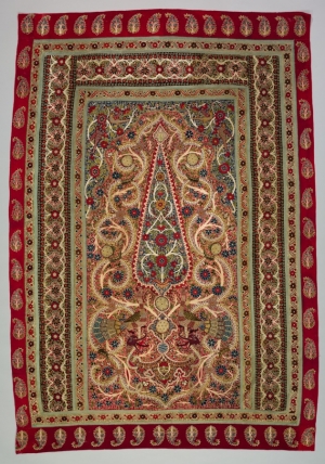 Prayer rug from Iran, Rasht-style inlay work, 19th century.