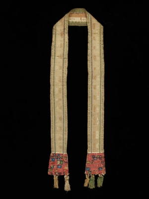 German stole, late 13th - early 14th century, Tablet-woven in silk and gold, with bead embroidery and painted motif on silk lined with parchment or leather.