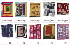 Set of US postage stamps depicting Gee&#039;s Bend Quilts.