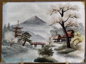 Japanese hand embroidered painting, showing Mount Fuji.