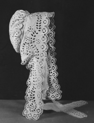 Bonnet with whitework and broderie anglaise, c. 1860&#039;s, England.