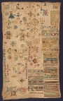Dutch 17th century sampler, on display in the exhibition &#039;American and European Embroidered Samplers, 1600-1900&#039;.