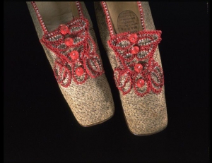 Pair of embroidered, linen women&#039;s shoes from England, dated c. 1840&#039;s- 1850&#039;s.