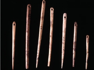 A set of bone needles from the Cave of Courbet in the Aveyron Valley, near Toulouse, France. Believed to be over 13,000 years old.