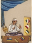 Gouache of embroiderer of scabbard cases, North India, c. 1870.