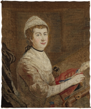 Mary Knowles in an embroidered self-portrait while working her needlepainting of King George III.