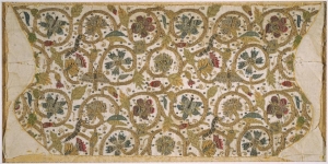An embroidered coif that was never made up, English, late sixteenth century.