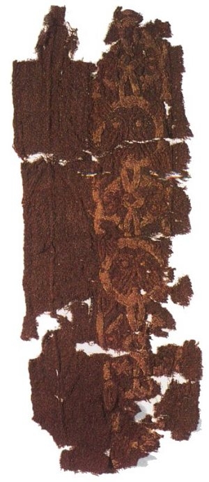 Stem stitch embroidery with human masks, from Mammen, Denmark, c. 970