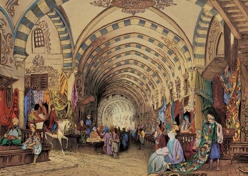 A drawing by an anonymous artist portraying the daily life in the Grand Bazaar in Ottoman times.