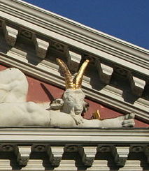 Detail of the Angora goat in the pediment of In den Vergulden Turk, Leiden (AD 1673). Photograph courtesy Robbiedoes.