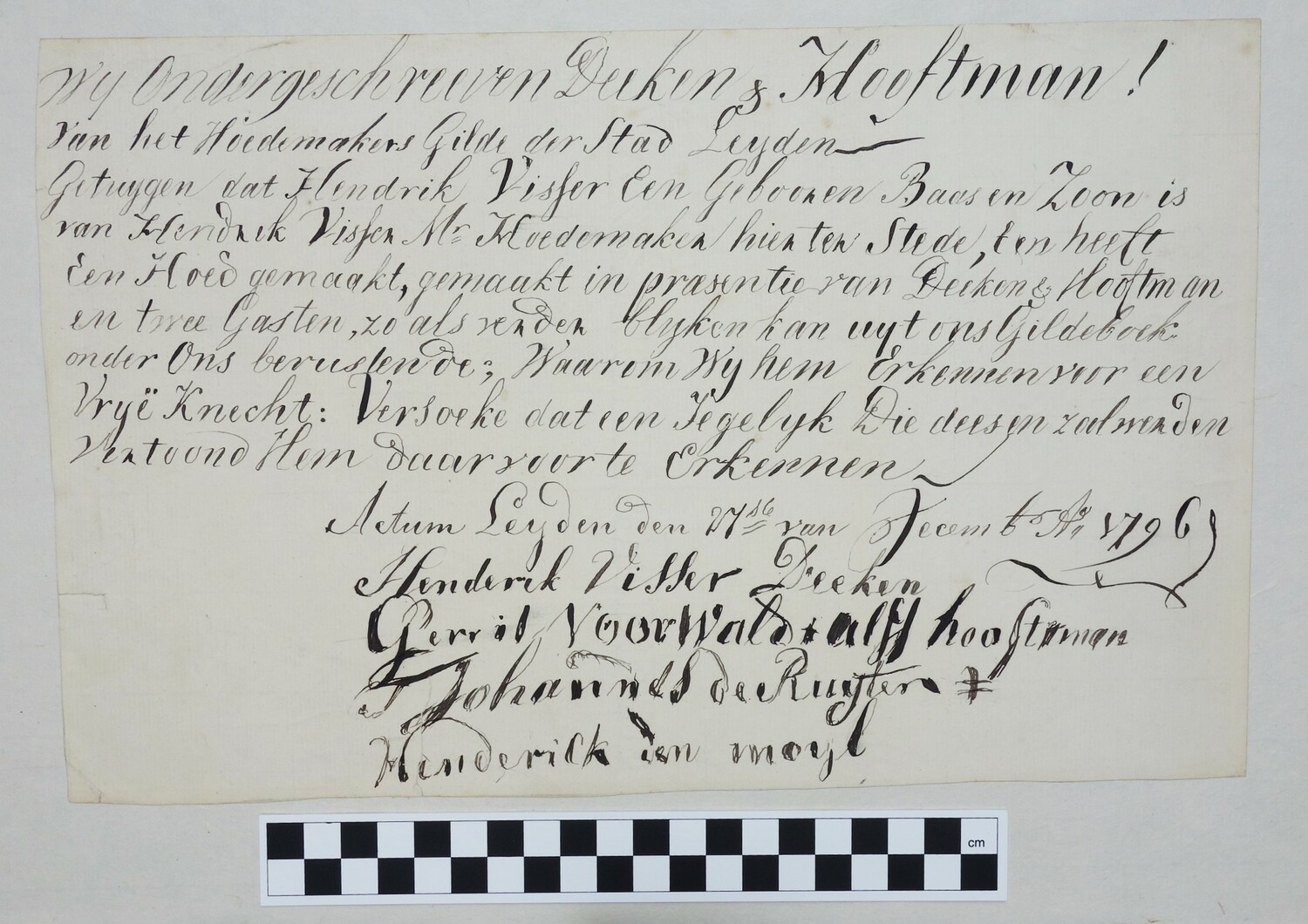 Fig. 2. Diploma relating to the model hat signed by the guild master and other senior members of the guild. The Netherlands (Leiden), 1796 (TRC 2010.0056b).