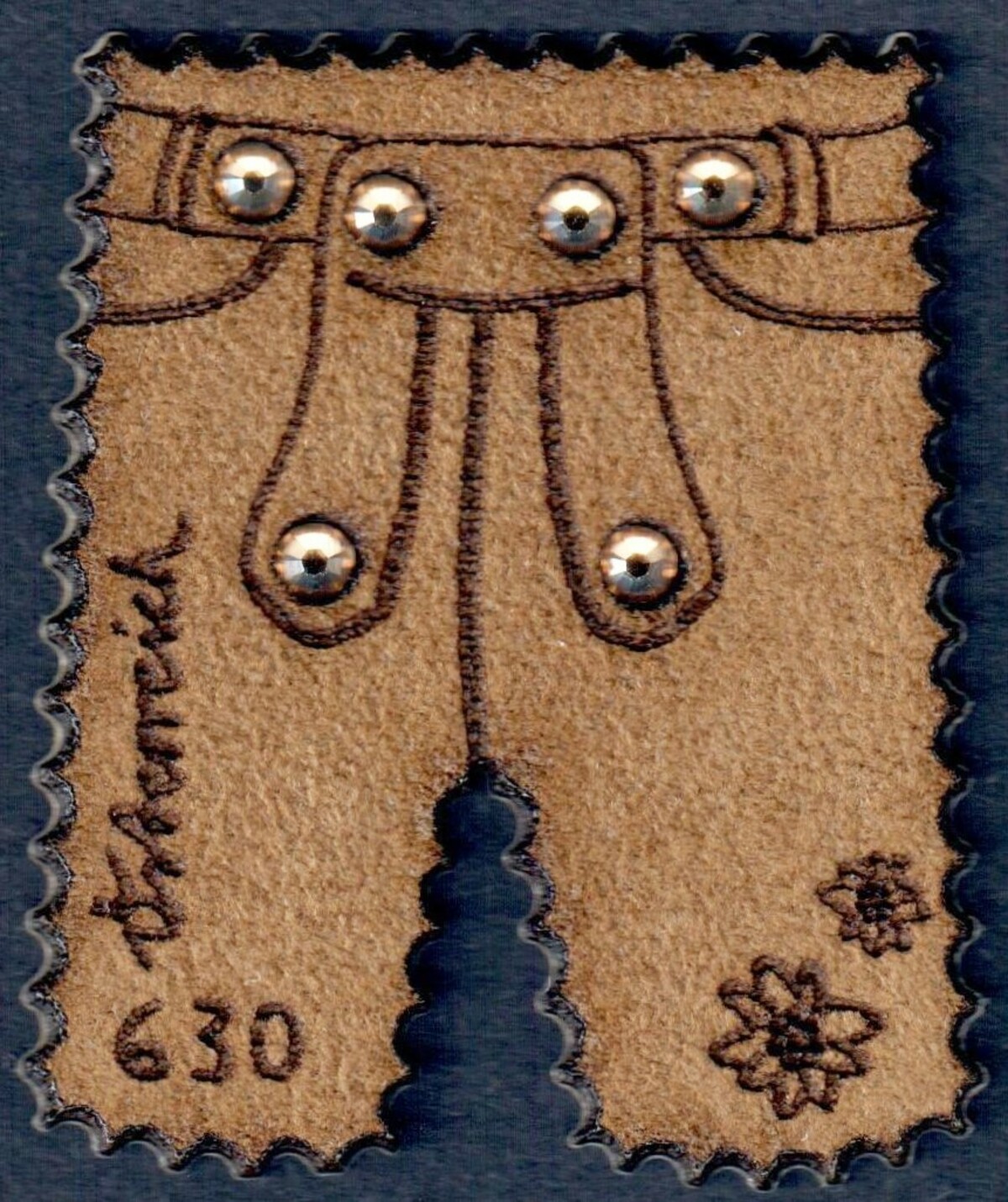 Single leather stamp in the shape of a pair of Lederhosen decorated with rhinestones. Austria 2015 (TRC 2016.0285).