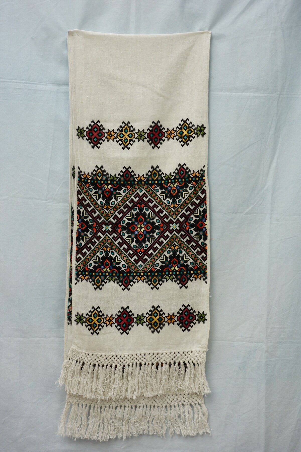 Rushnyk are also produced and used in lands neighbouring Ukraine: This is a rushnyk-type embroidered towel from Hungary (TRC 2016.0306).
