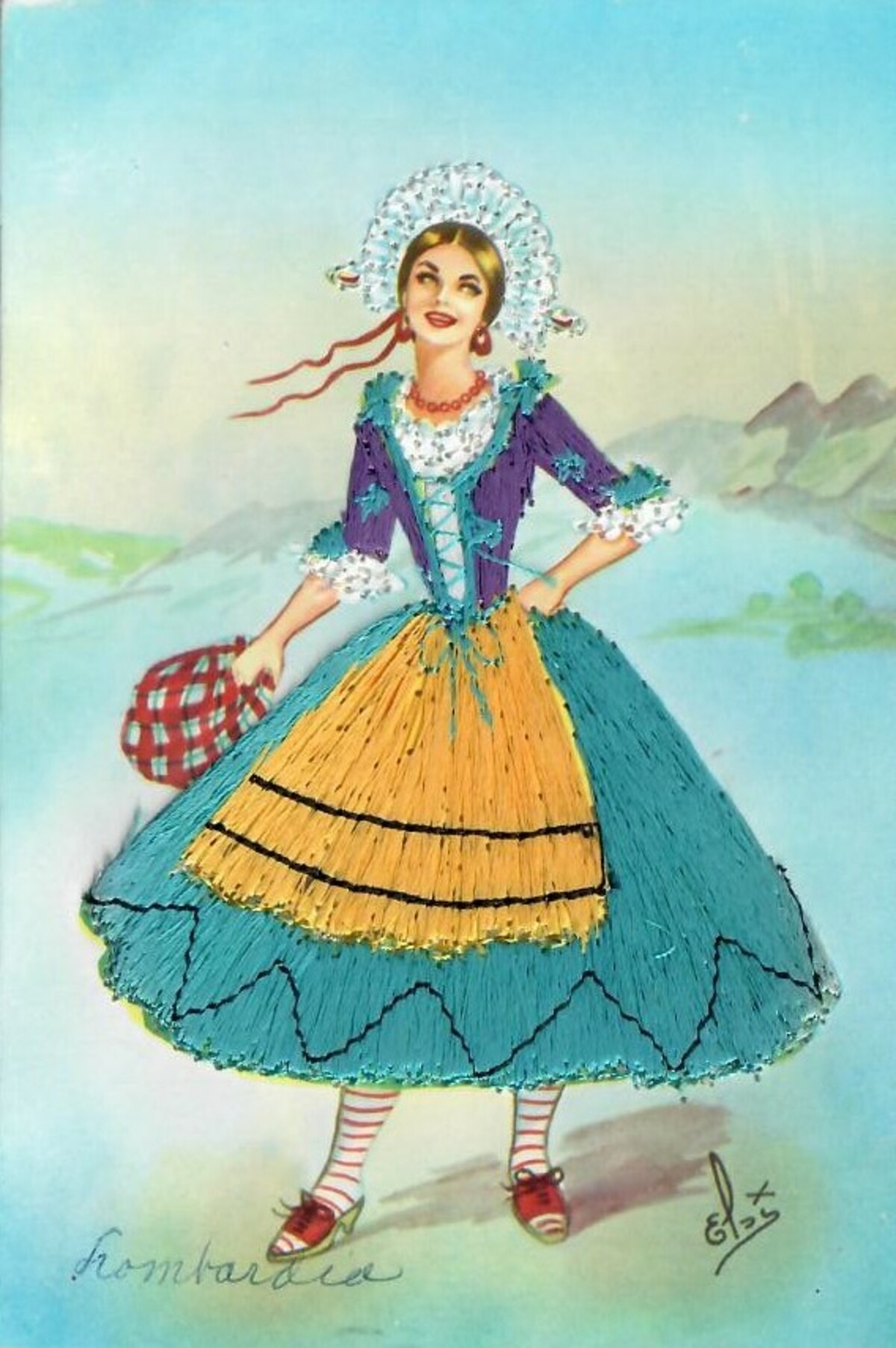 Hand-embroidered postcard from Spain, with Lombardian (Italy) scene, mid-20th century (TRC 2019.2142).