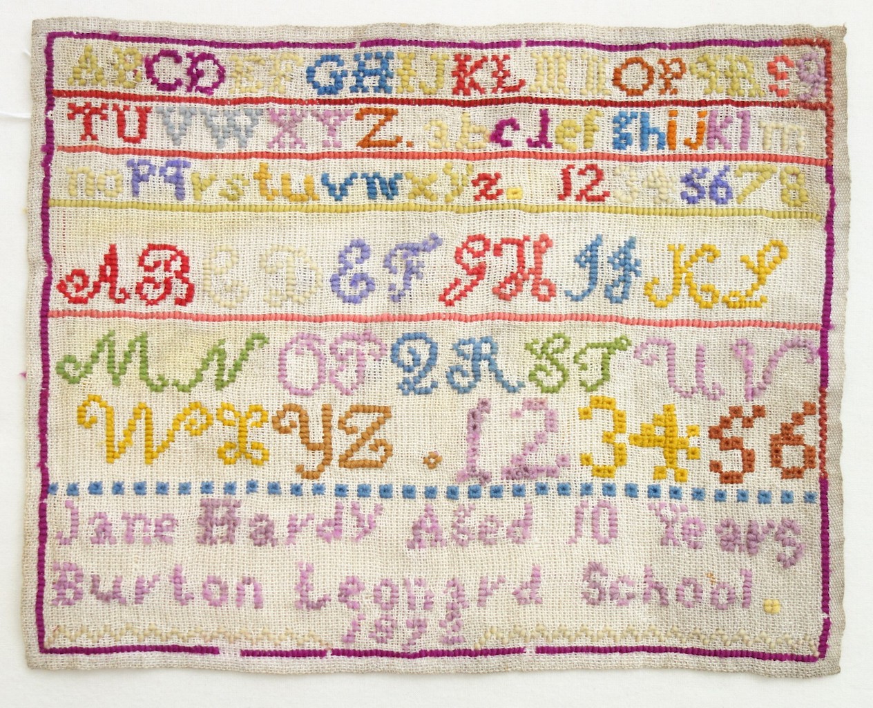 A school sampler worked in 1872 by Jane Hardy, aged ten, at the village of Burton Leonard, Yorkshire (TRC 2020.1606).