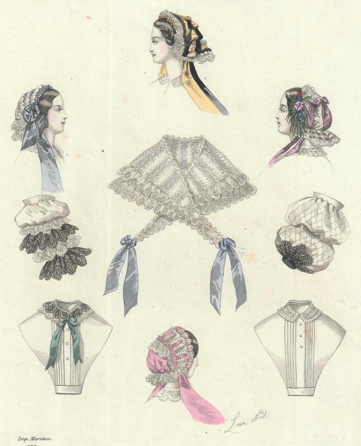 Fashion print depicting a variety of bonnets, shawls, bodices as well as under sleeves (TRC 2020.3431).