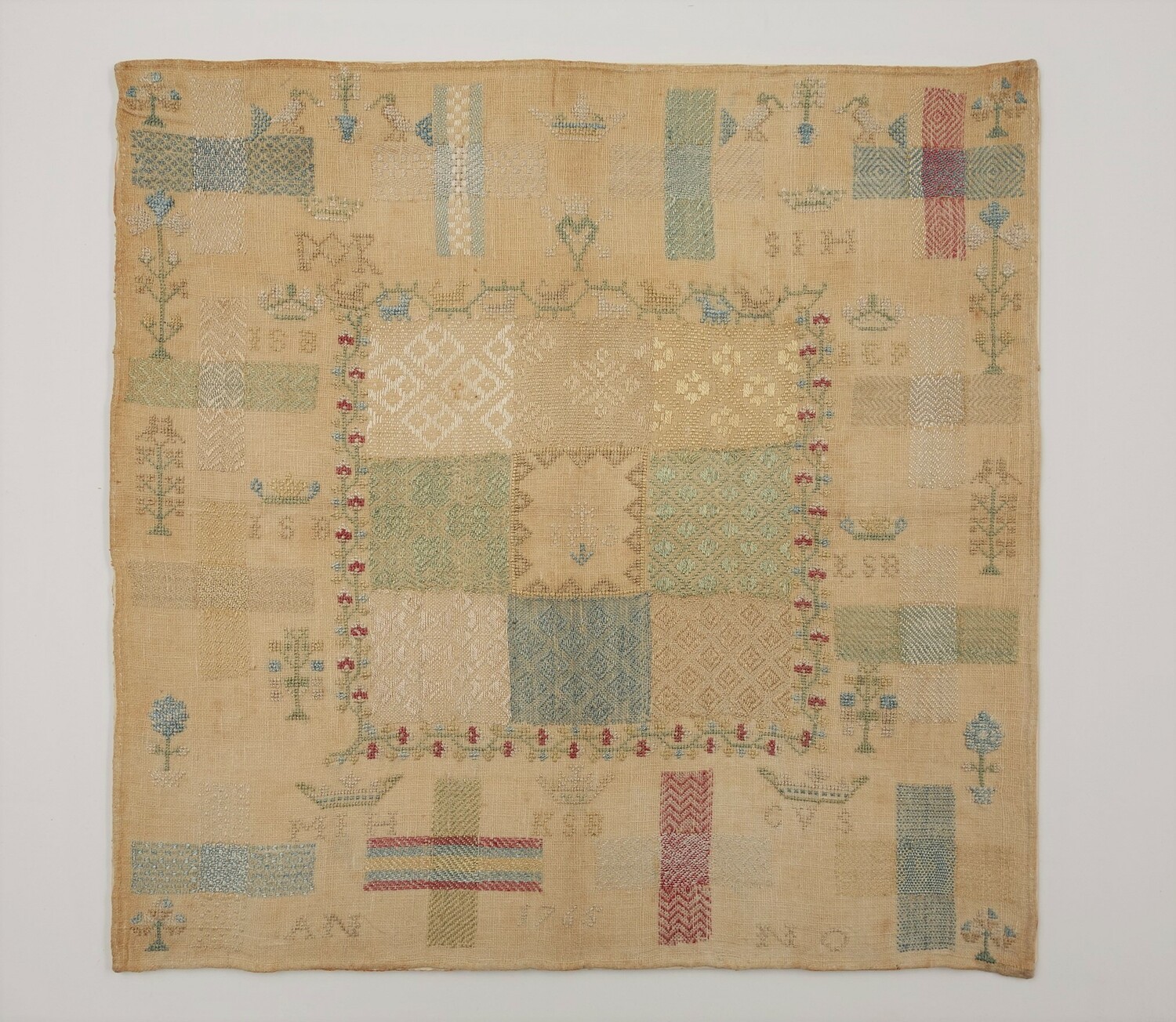 Embroidered sampler from the Netherlands, 1765, possibly from Catholic community in Leiden (TRC 2020.3687).