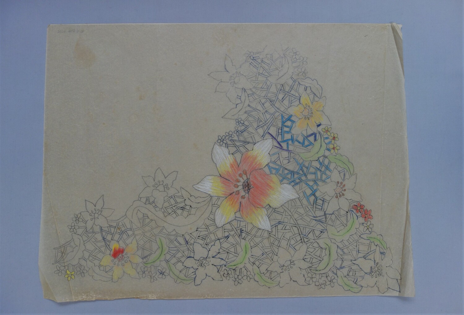 Paper pattern for embroidery on a Nyonya kebaya blouse from among the Peranakan Chinese in Malaysia and Singapore, late 20th century (TRC 2020.4874.028).
