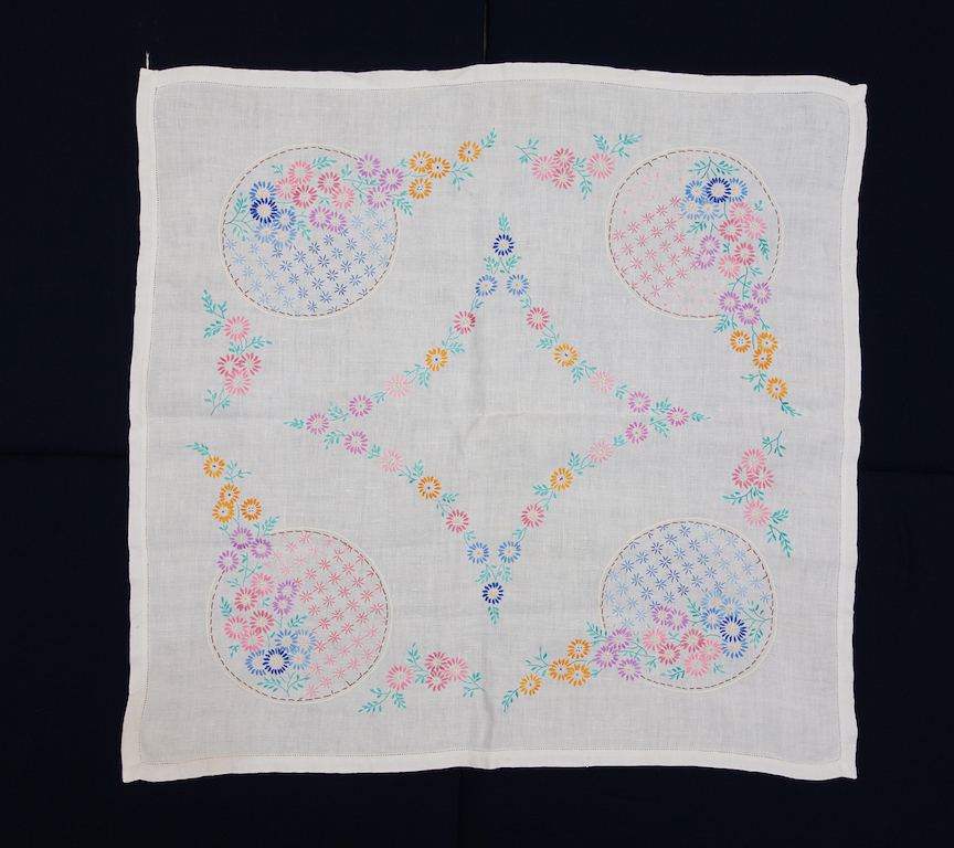 Afternoon table cloth embroidered at Scapa Flow, Orkney Islands, Scotland, early 1940s (TRC 2021.1331).
