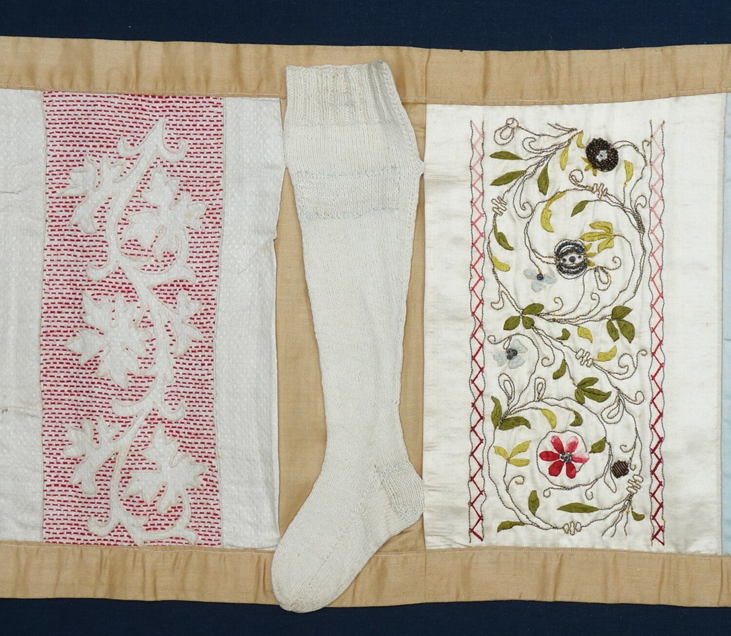 Detail of a sampler with embroidery and handknitted miniature socks, the Netherlands, 1895-96 (TRC 2021.1808b). The TRC wants to promote and support the crafts of textile production in all its aspects.