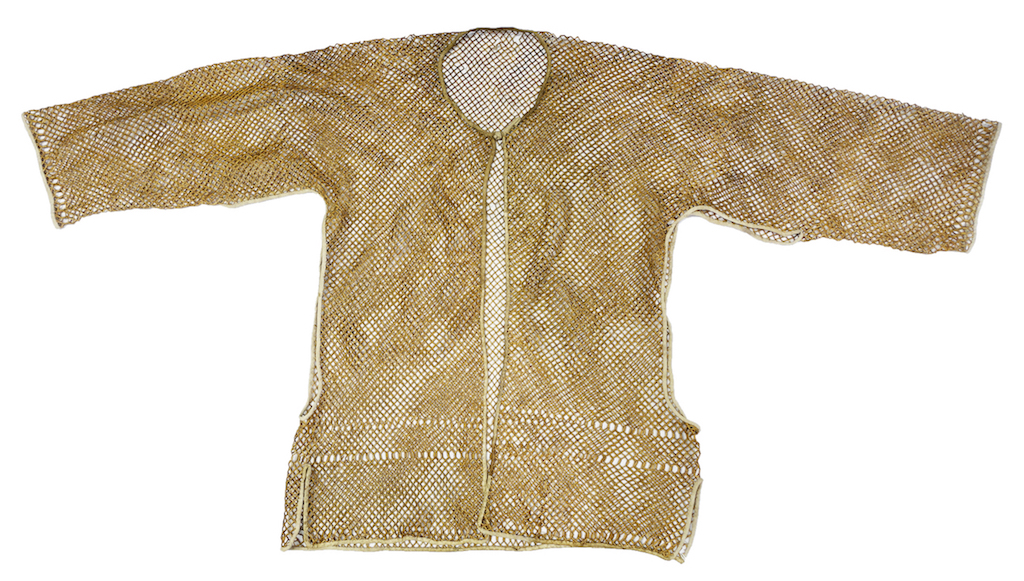 Netted jacket made from short lengths of bamboo and bound at the edges with a narrow band of white, cotton cloth. China, 20th century (TRC 2023.2071).
