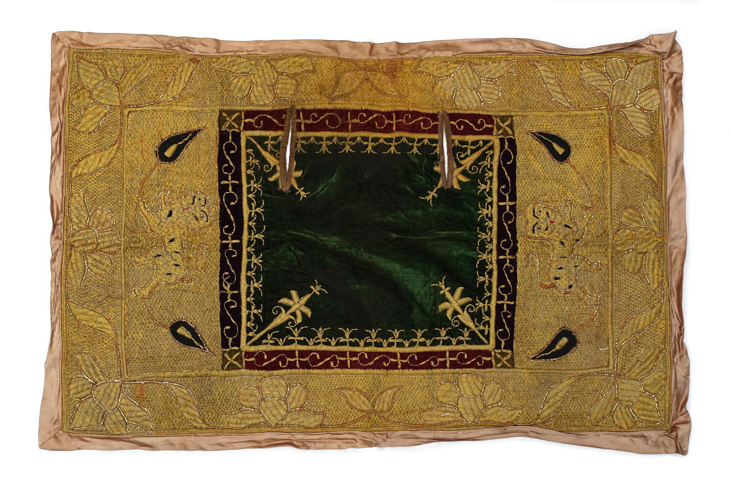 Large rectangle with a central panel of green silk velvet edged with black, red and grey silk velvet and framed by a band of yellow diagonal lines in surface couching (TRC2024.3109).