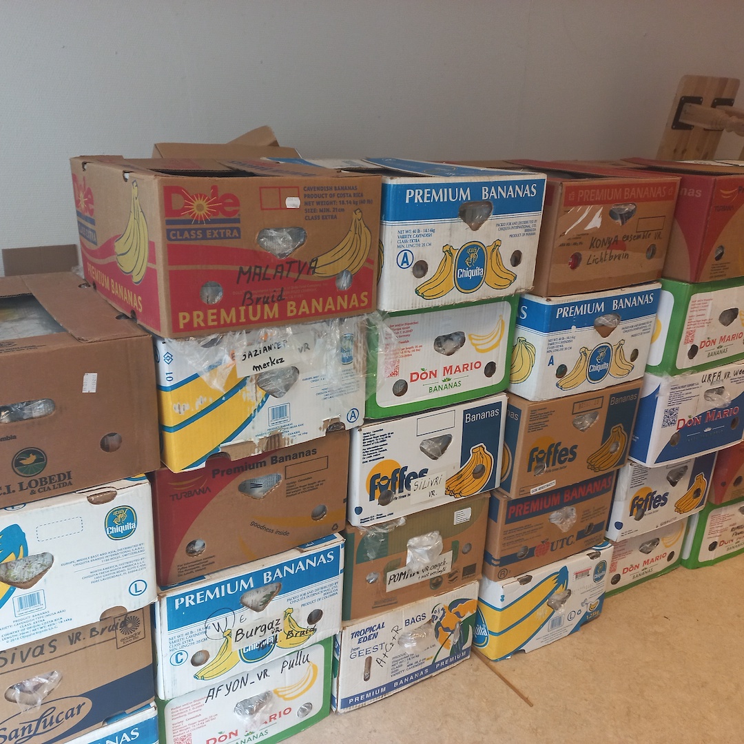 Boxes with part of the Turkish collection, brought in from Belgium on 8th June, ready to be catalogued and photographed from Monday 9th. Photograph by author.