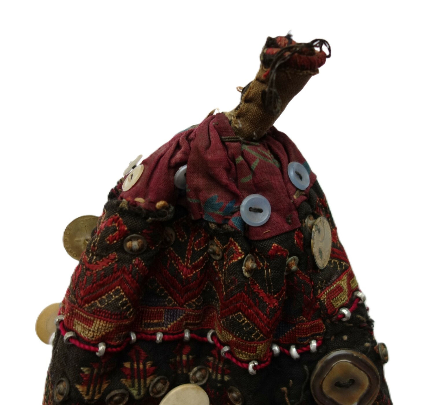 Fig. 4. Cap with back panel decorated with bands of embroidered geometric motifs, zig-zag lines, V-shapes, etc., as well as applied press studs and other objects. Pakistan, mid-20th century (TRC 2026.1897).