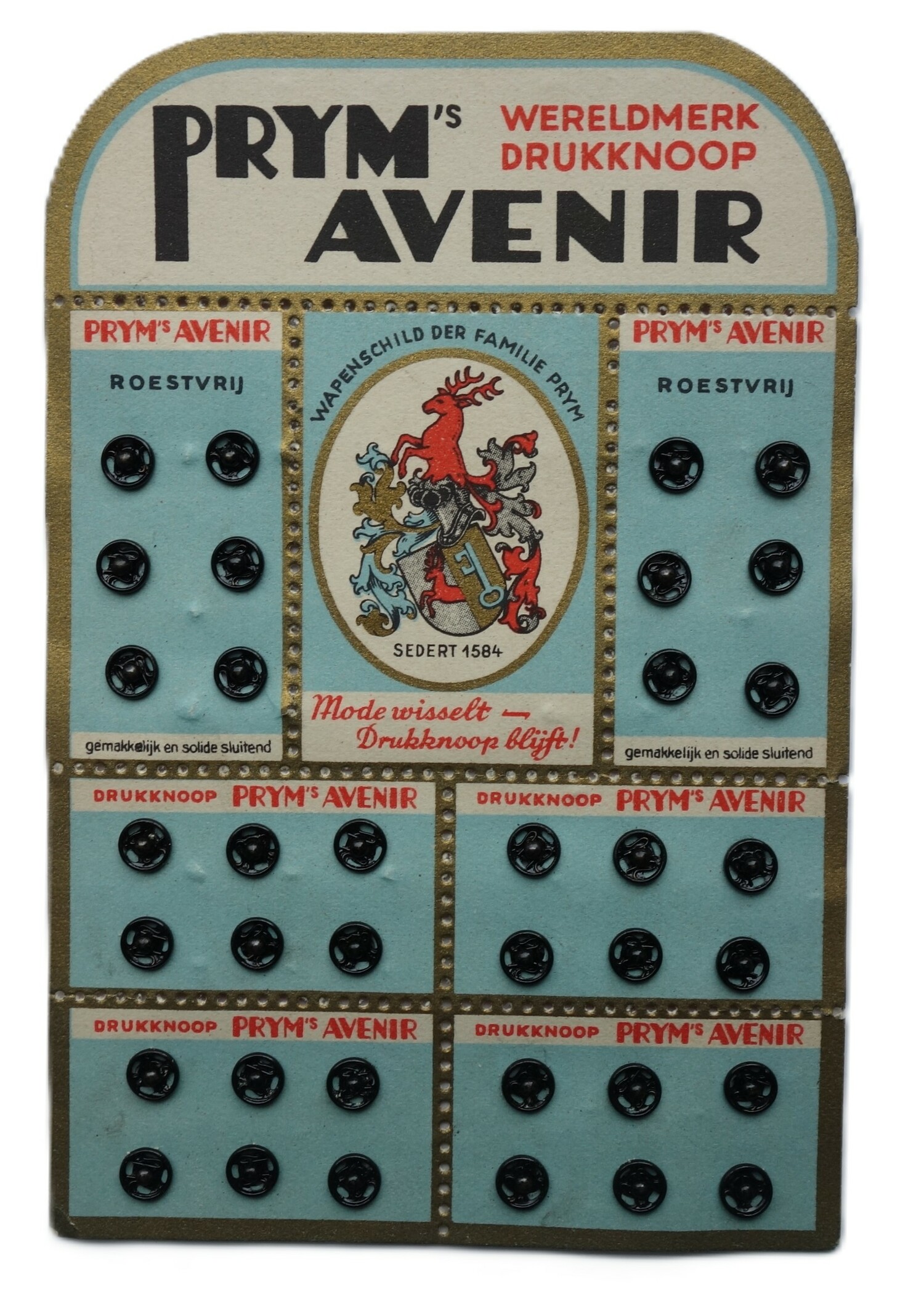 Card with 6x 6 black press studs. There is a printed text that states: "PRYM'S AVENIR WERELDMERK DRUKKNOOP", Germany, produced for the Dutch market, early 20th century (TRC 2026.2008).