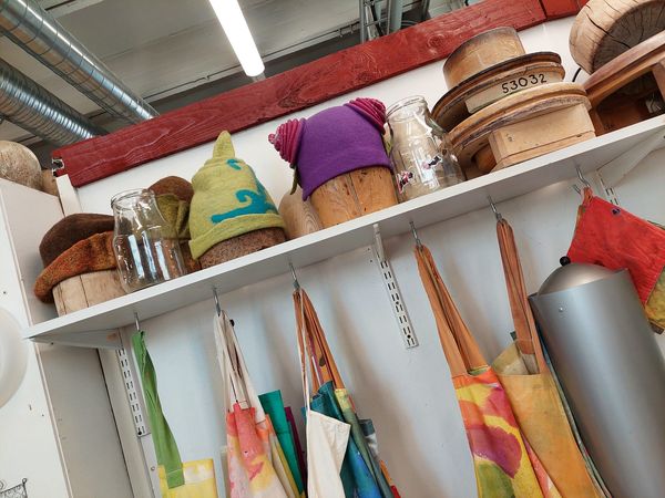 Felted hats, Taito Regional Crafts Centre, Jyvaskyla, Finland. Photograph by author.