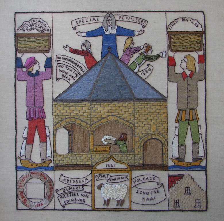 One of the panels of the Scottish Diaspora Tapestry (2012-2014), showing the cistern in Veere, Zeeland, built for the Scottish wool traders in AD 1551.