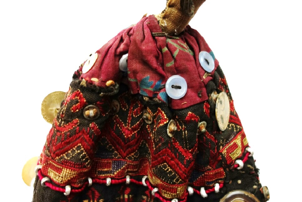 Fig. 4. Cap with bands of embroidered geometric motifs, zig-zag lines, V-shapes, etc., as well as applied press studs and other objects. Pakistan, mid-20th century (TRC 2026.1897).