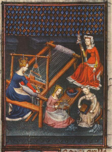 Illustration showing women spinning, carding, combing, and weaving wool. From Giovanni Boccaccio, 1374, 'De mulieribus claris' ('On Famous Women').